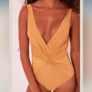 AGUA DE COCO Orange Apricot Criss Crossed With Hoop Strappy One Piece Size M